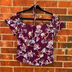 White House Black Market 12 Purple Floral Halter Tie Back Flutter Sleeve Top